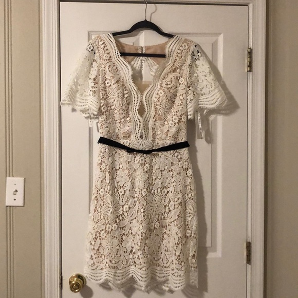 illusion lace shift dress with contrast ribbon